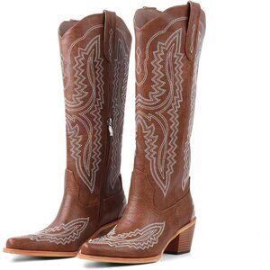 Women Brown Floral Faux Leather Western Cowboy Boots Chunky Heel Comfortable